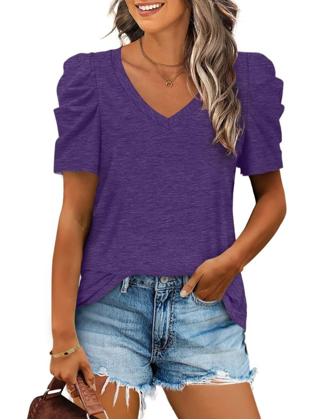 Women's Purple Polyester Blend Puff Sleeve V Neck Pull On Henley Shirts